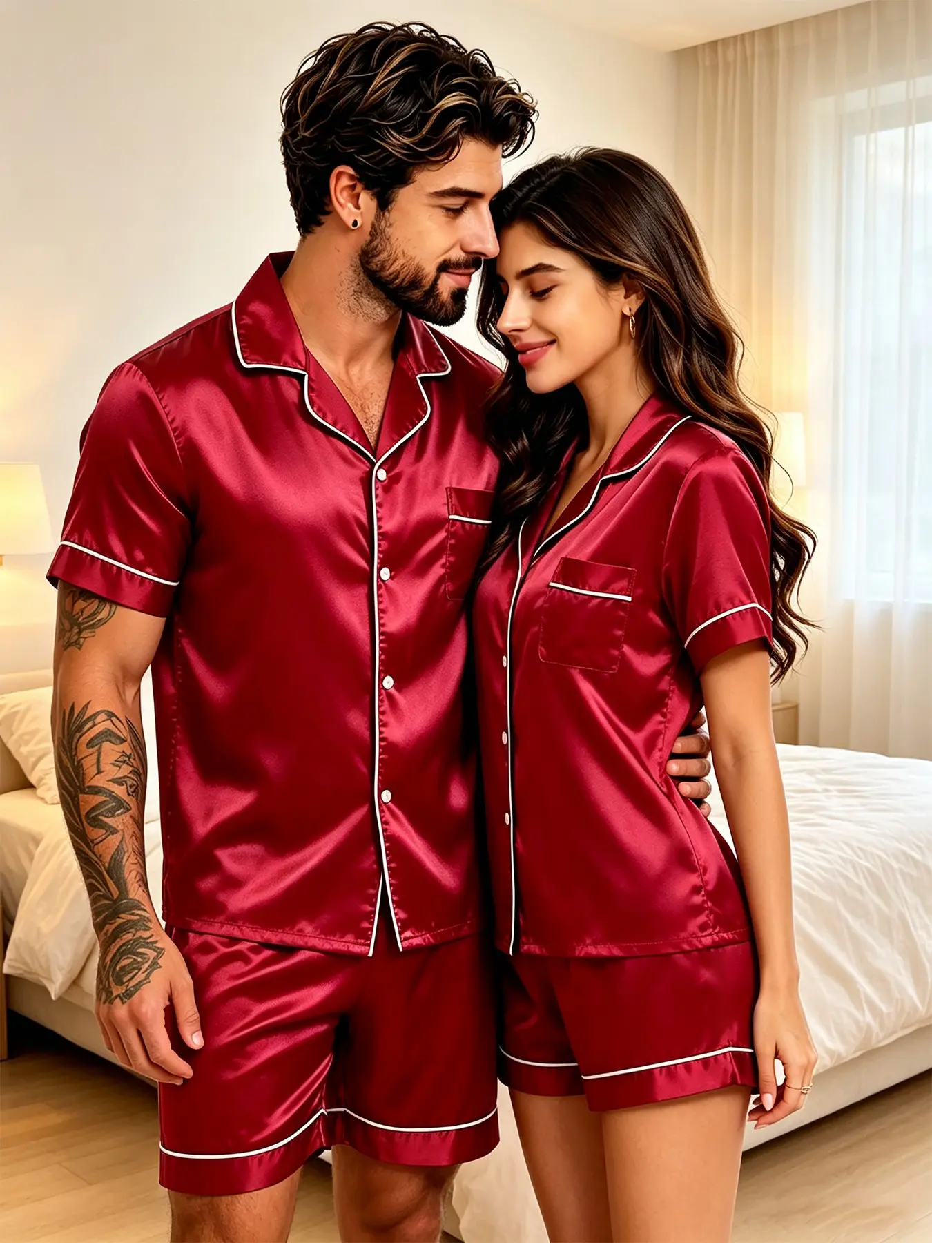 Couple Summer Matching Short Sleeve Fit Pajama Sleepwear Two-Piece Set Thin Faux silk Casual Men's & Women's Home Clothing ，Pure Color