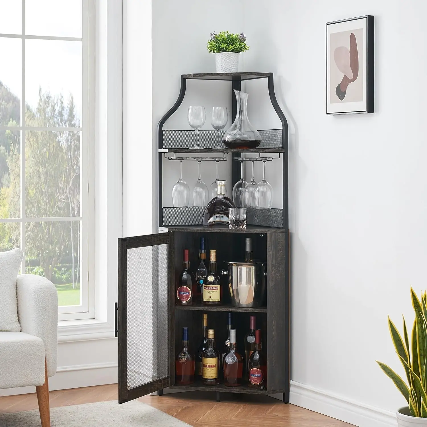 Rustic Brown Tall Corner Bar Cabinet - Industrial Indoor Storage Cupboard with Mesh Door Cover, Wine & Liquor Rack, Glass Holder, Flexible Adjustable Shelves for Kitchen