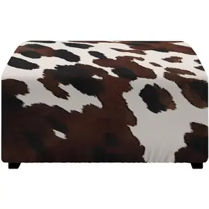 Cow Print Stretch Ottoman Cover Brown Foot Stool Slipcovers with Elastic Bottom, Soft Fitted Footrest Stool Covers Washable Sofa Stool Protector