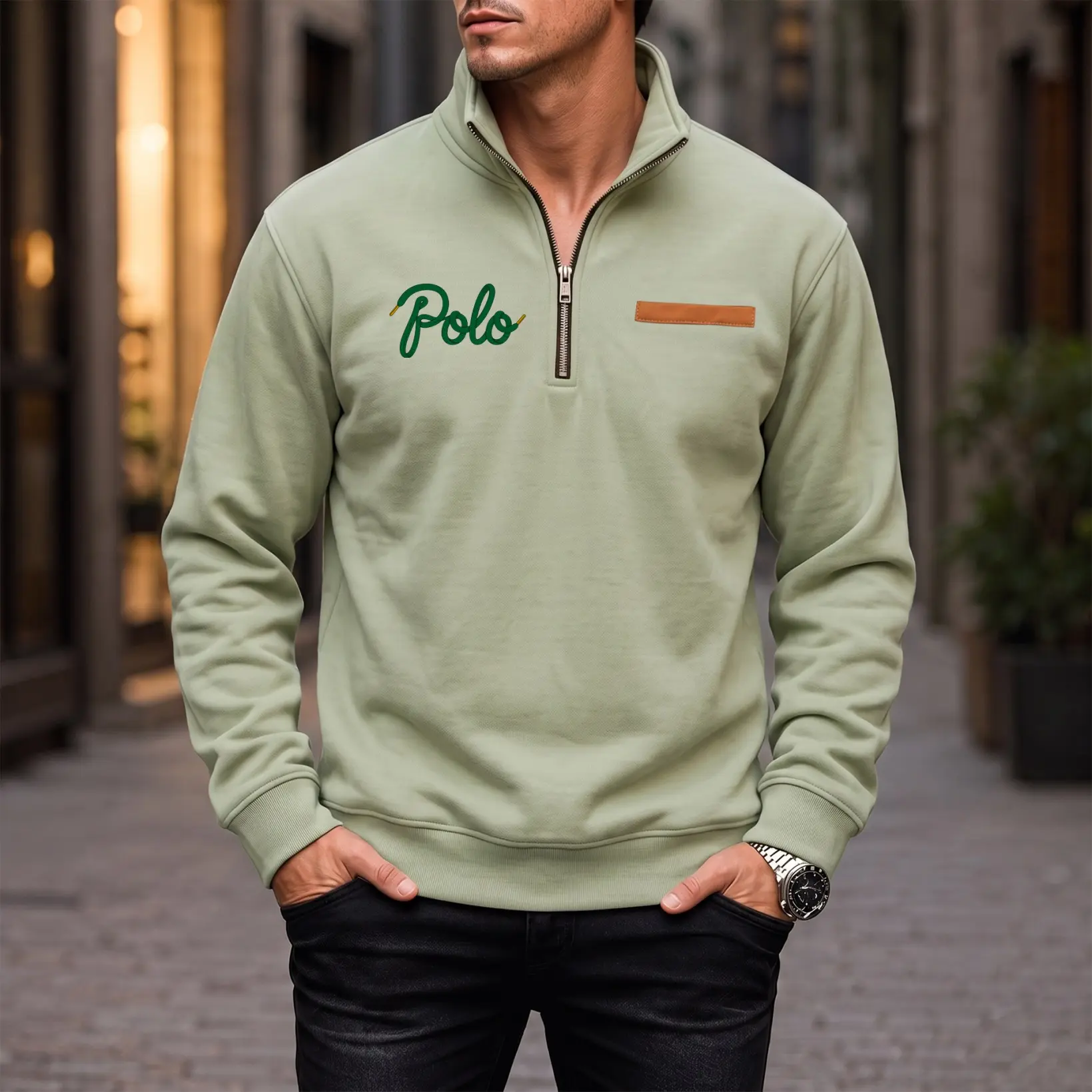 Men's Artistic Typography Quarter Zip Sweatshirt, Soft Fleece Lined Stand Neck Pullover Jacket, Casual Long Sleeve Winter Tops for Daily Wear, Travel, Outdoor Sports and Athleisure Style
