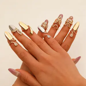 10PCS Gold Silver Plated Crystal Hollow Nail Rings Set Luxury Rhinestone Open Finger Tip Cuff Rings Fashion Decorative Nail Art Jewelry For Party