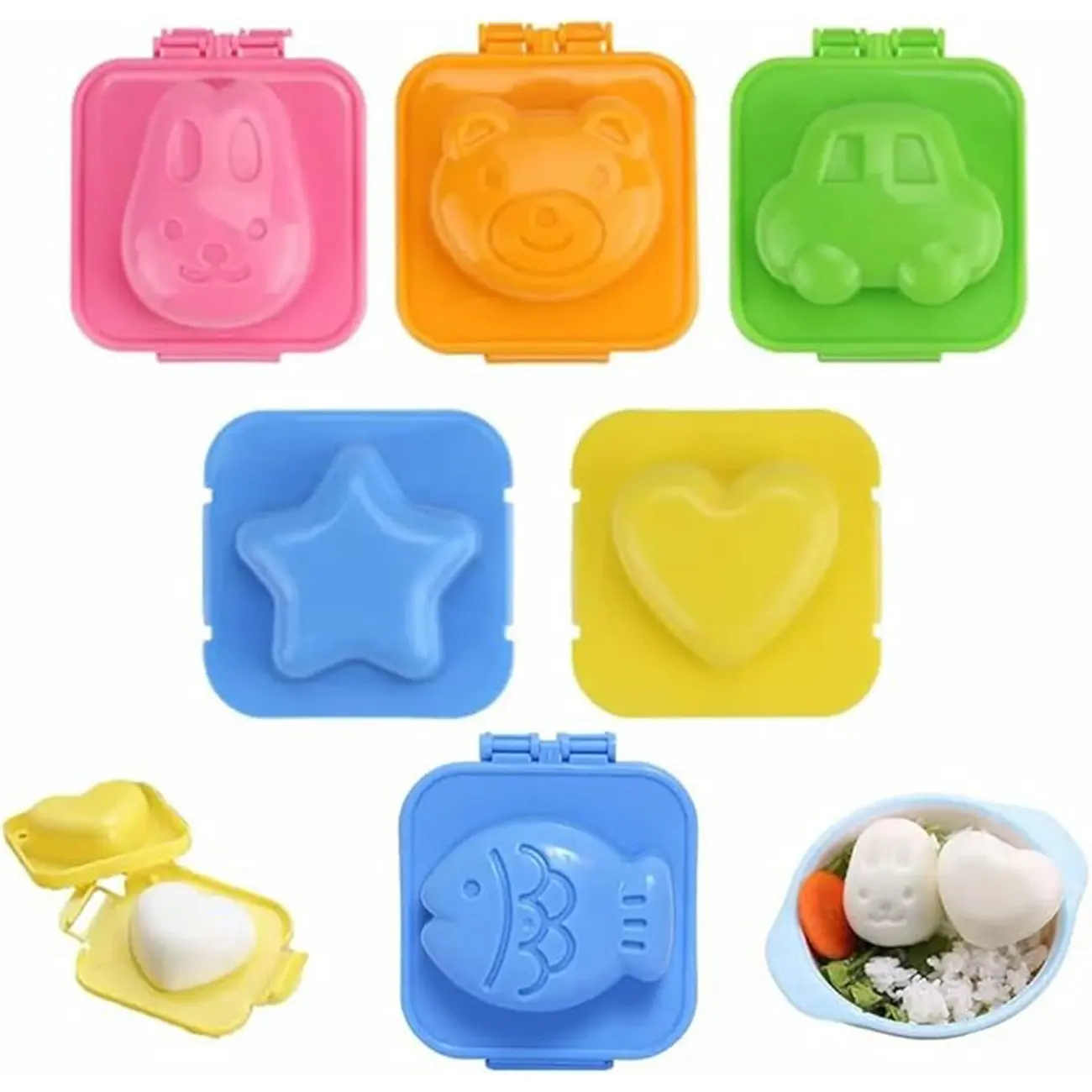 6-piece set of cartoonish cute boiled egg molds, fish-shaped, car-shaped, heart-shaped rice cooker molds, rice ball maker, spherical molds, soft candy cake stick decoration tools. 6-piece set of egg rice molds for fun cooking kitchen tools.