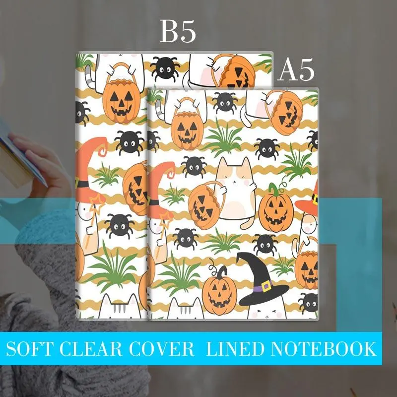 Playful Halloween Themed Notebook, Cute Cat & Jack-o'-Lantern Print, Double Sided Design with Multiple Specifications Available, Perfect for Office Daily Recording & Casual Use