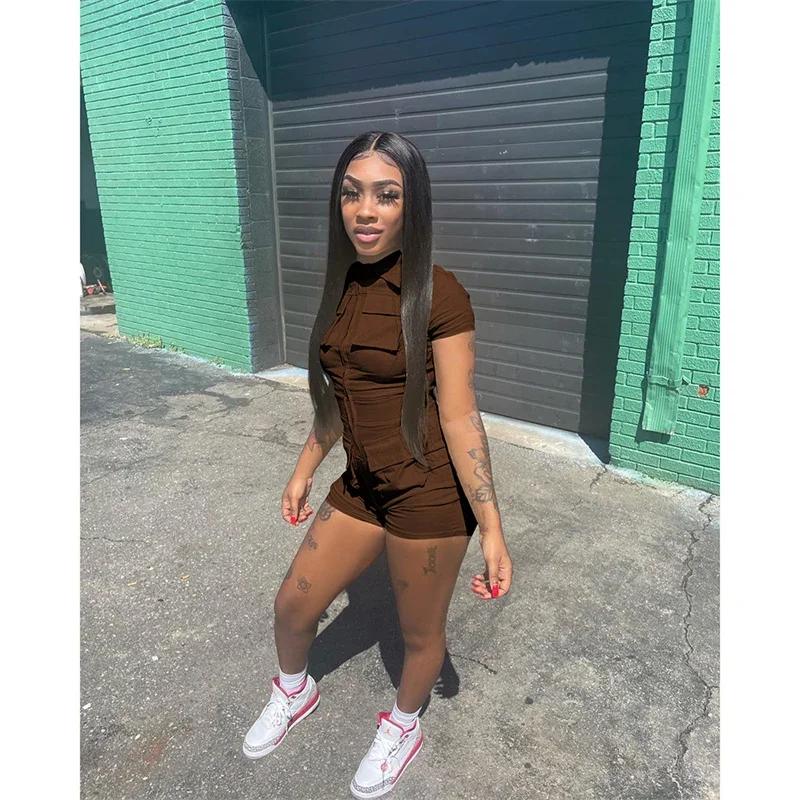 Streetwear Zipper Pockets Shorts Jumpsuit Women Clothing Short Sleeve Skinny Cargo Playsuit Summer Casual Pieces Romper