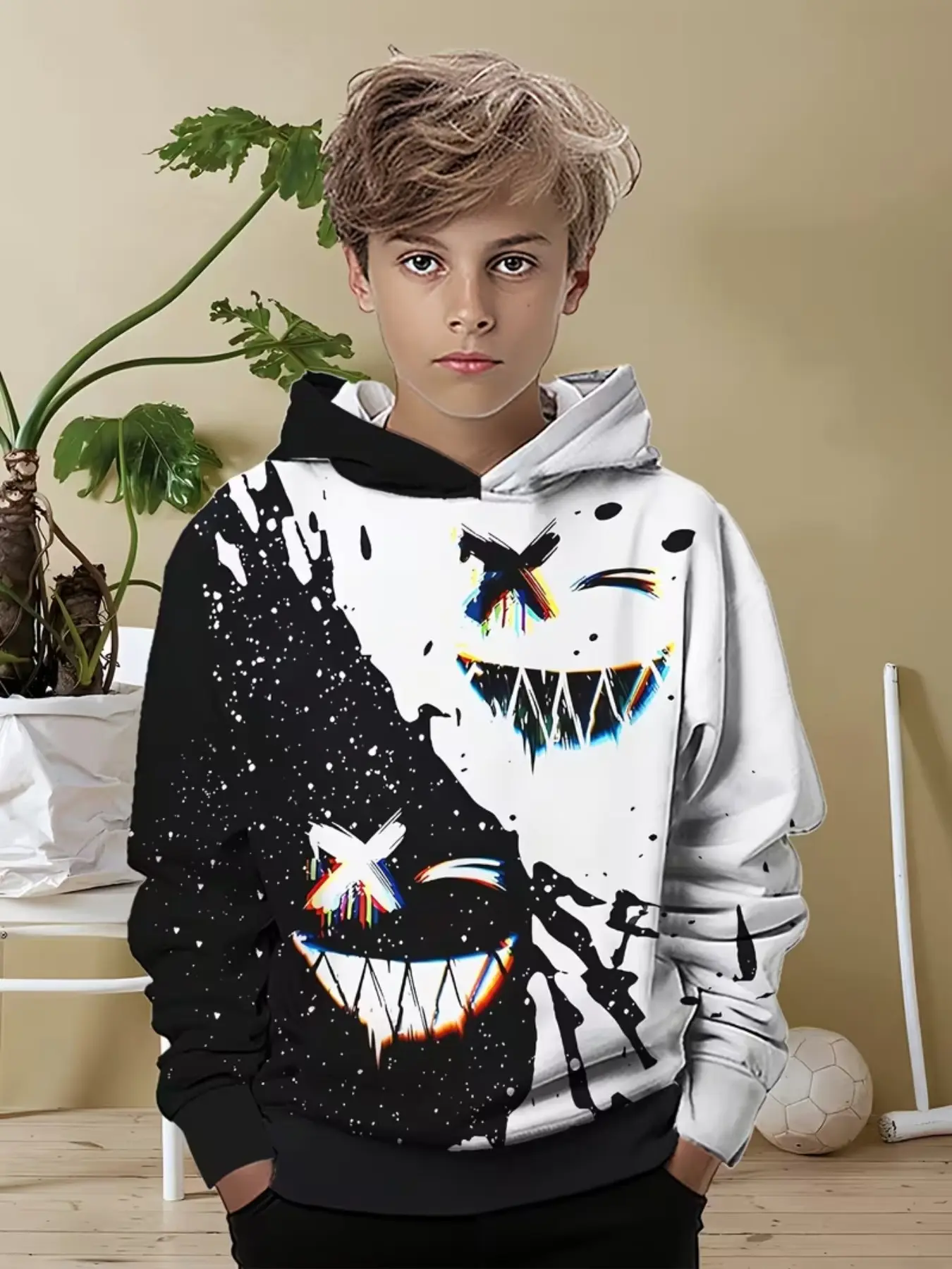 Boys' 3D Print Casual Fashion Pullover Hoodie, Long Sleeve Fitted Top for Spring & Fall, Ideal for Daily Wear and Leisure Activities