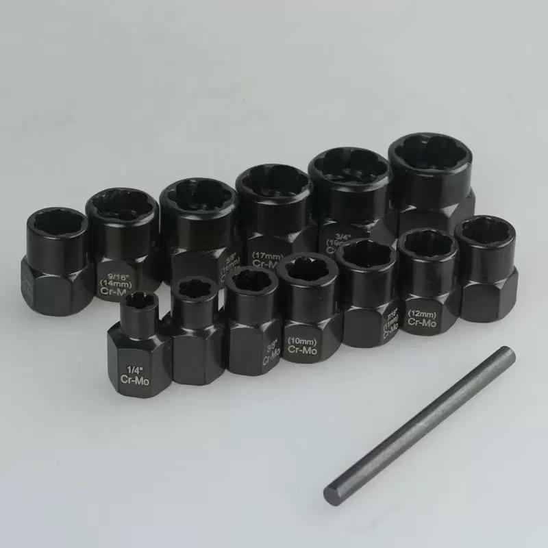 14-piece nut and bolt extractor tool for removing damaged or defective nuts, screws, and hex bolts basin wrench battery impact household maintenance sink storage box pipe organizer rack tire change special durable hand universal socket wrench place