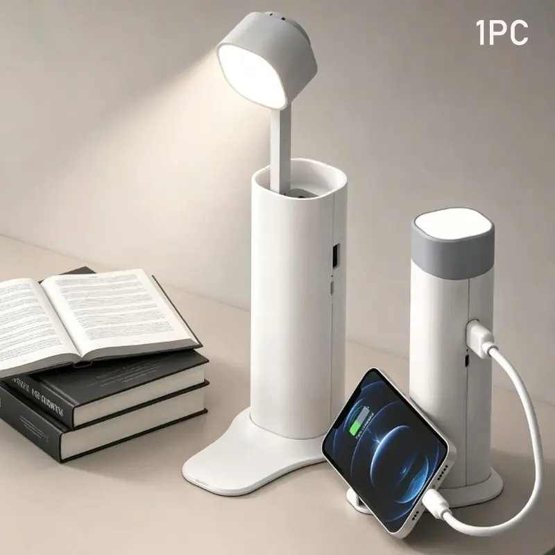 4-in-1 Wireless Charging Desk Lamp, Retractable Foldable Bedside Lamp with Phone Holder & Built in Power Bank, 3 Levels Dimmable Flashlight, for Reading, Dorm, Camping and Emergency Lighting