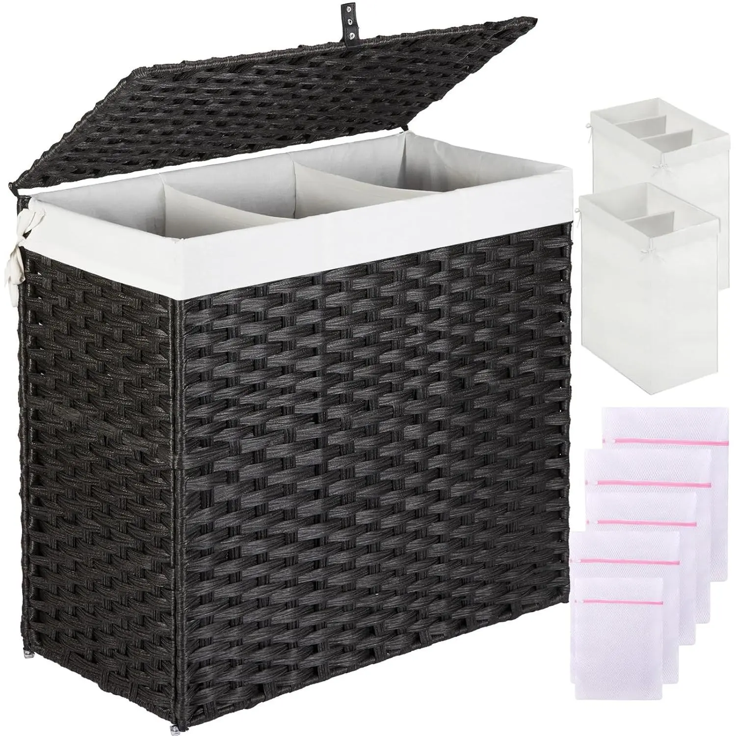 Laundry Hamper with Lid, 125L Large Clothes Hamper with 3 Section & 2 Section Removable Liner Bags & 5 Mesh Laundry Bags, Handwoven Synthetic Rattan Divided Laundry Basket, Black