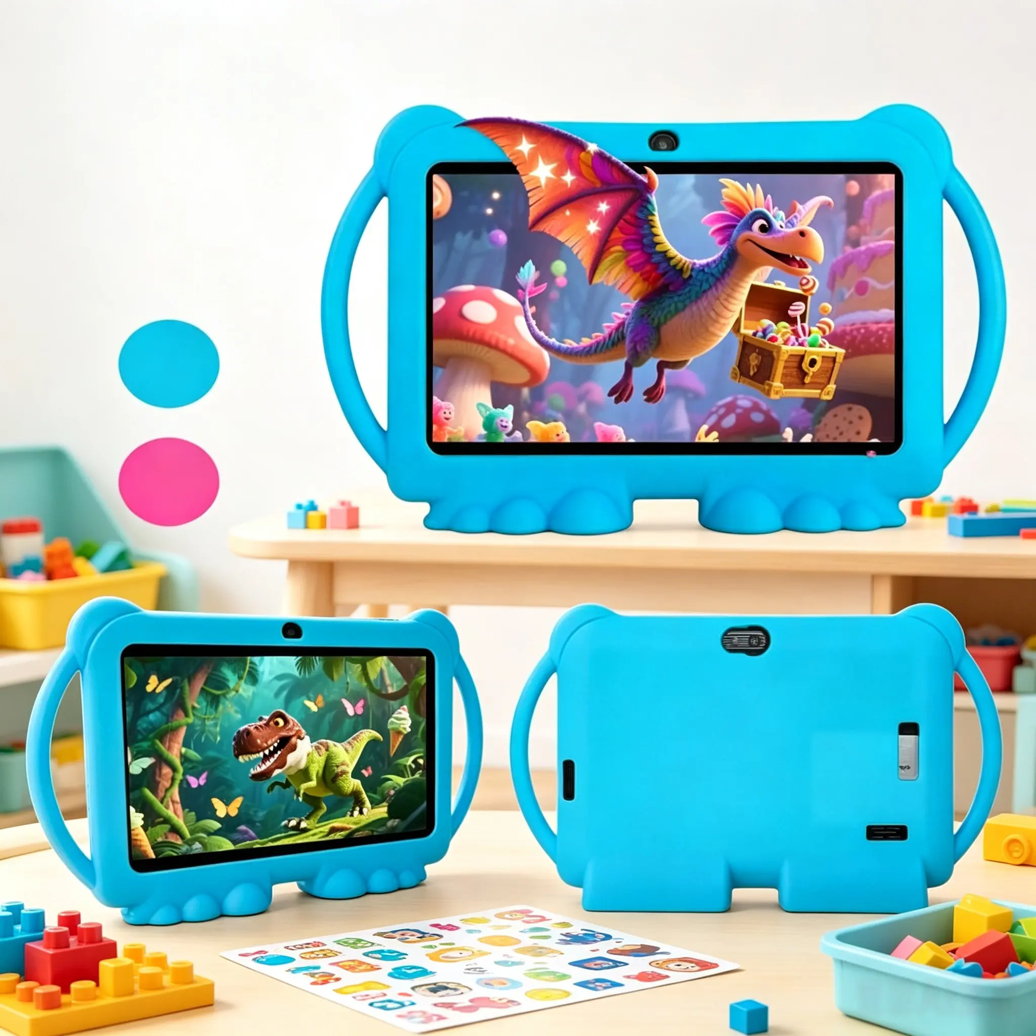 Kids tablet 7-inch, IPS screen, parental controls, dual cameras, shockproof case, for educational games, 1GB + 16GB, Wi-Fi, Bluetooth tablet, educational, blue/pink, eye protection mode