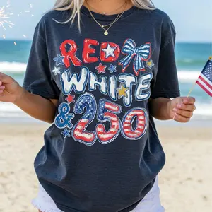 [100% Cotton] 250th Anniversary Shirt, Red White And 250 Tee, 4th Of July Shirt, Preppy Patriotic Tee, USA America Shirt, Flag Tshirt, American Girl, Casual Women's T-Shirt