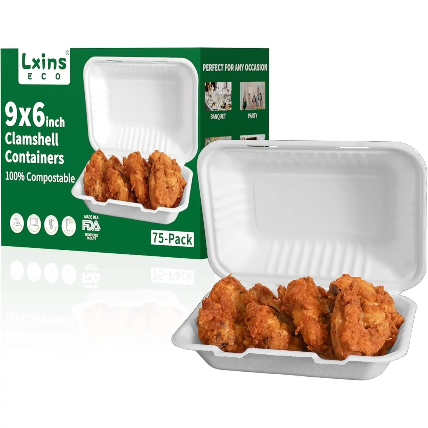 9x6 Inch Heavy Duty Clamshell Take Out Containers (75 Pack), Compostable Bagasse Food Boxes with Lids, Disposable To-Go Containers for Lunch, Salad, Meal Prep