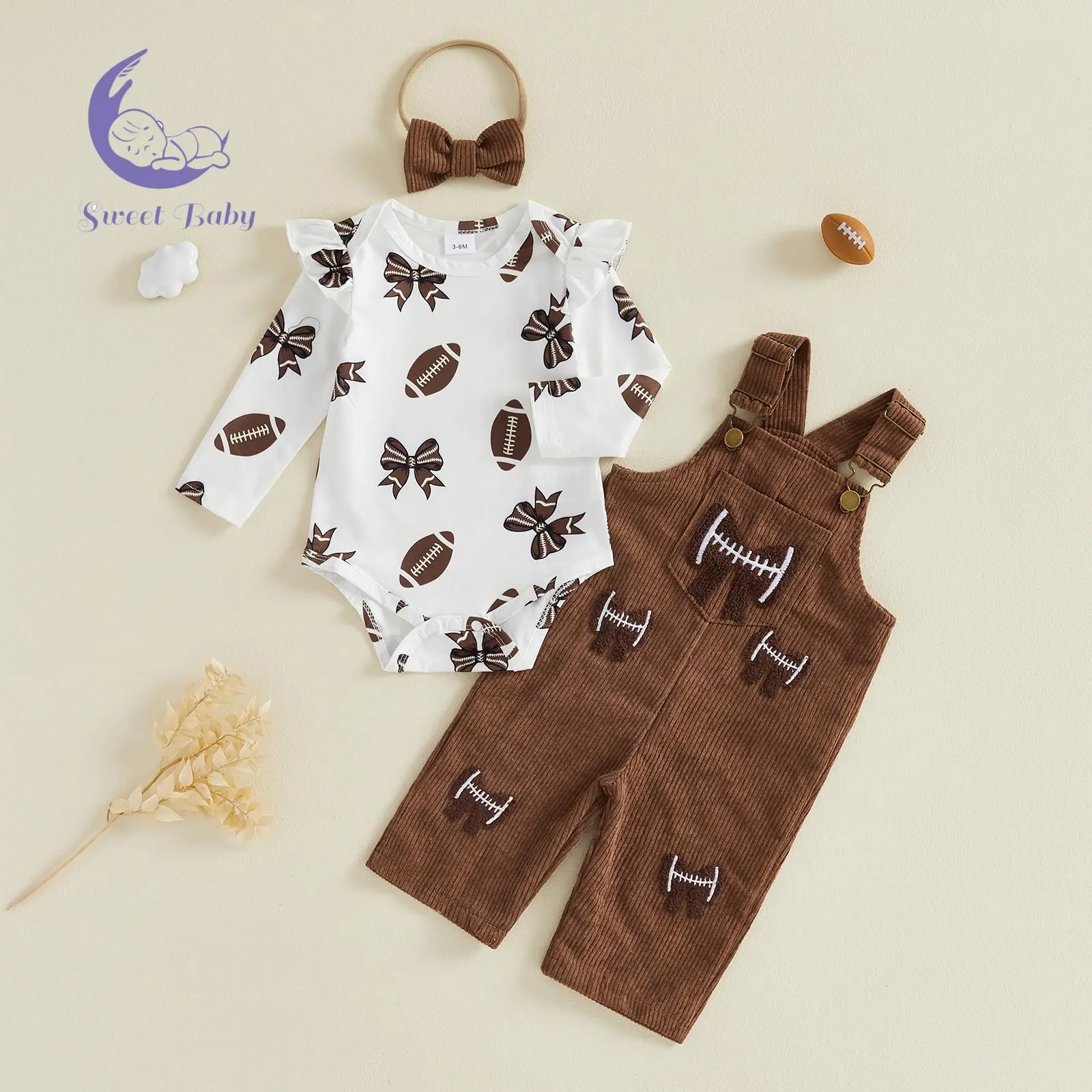 Baby Girls' Football Theme 3-Piece Cotton Blend Elastane Gift Set-Pack - Long Sleeve Ruffle Romper, Overall Pants, Headband, Soft Safe Newborn Clothing