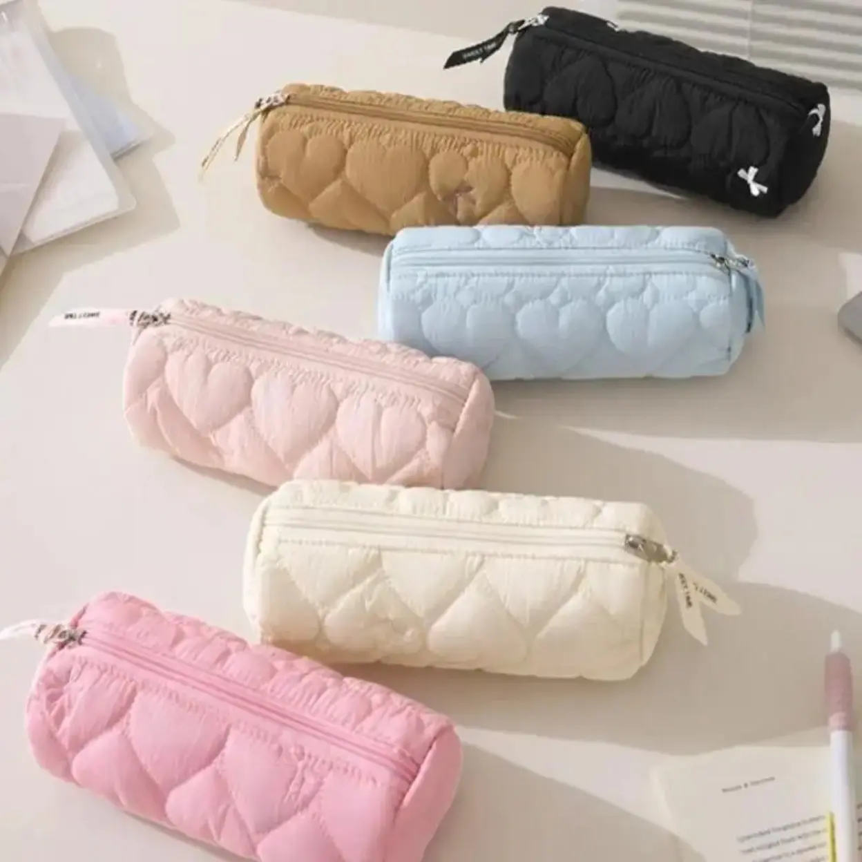 Back To School Cute Heart Quilted Pencil Case For Girls, Mini Bow Embroidery Soft Puffy Stationery Storage Bag, Dual-Use Portable Cosmetic Makeup Brush Organizer.