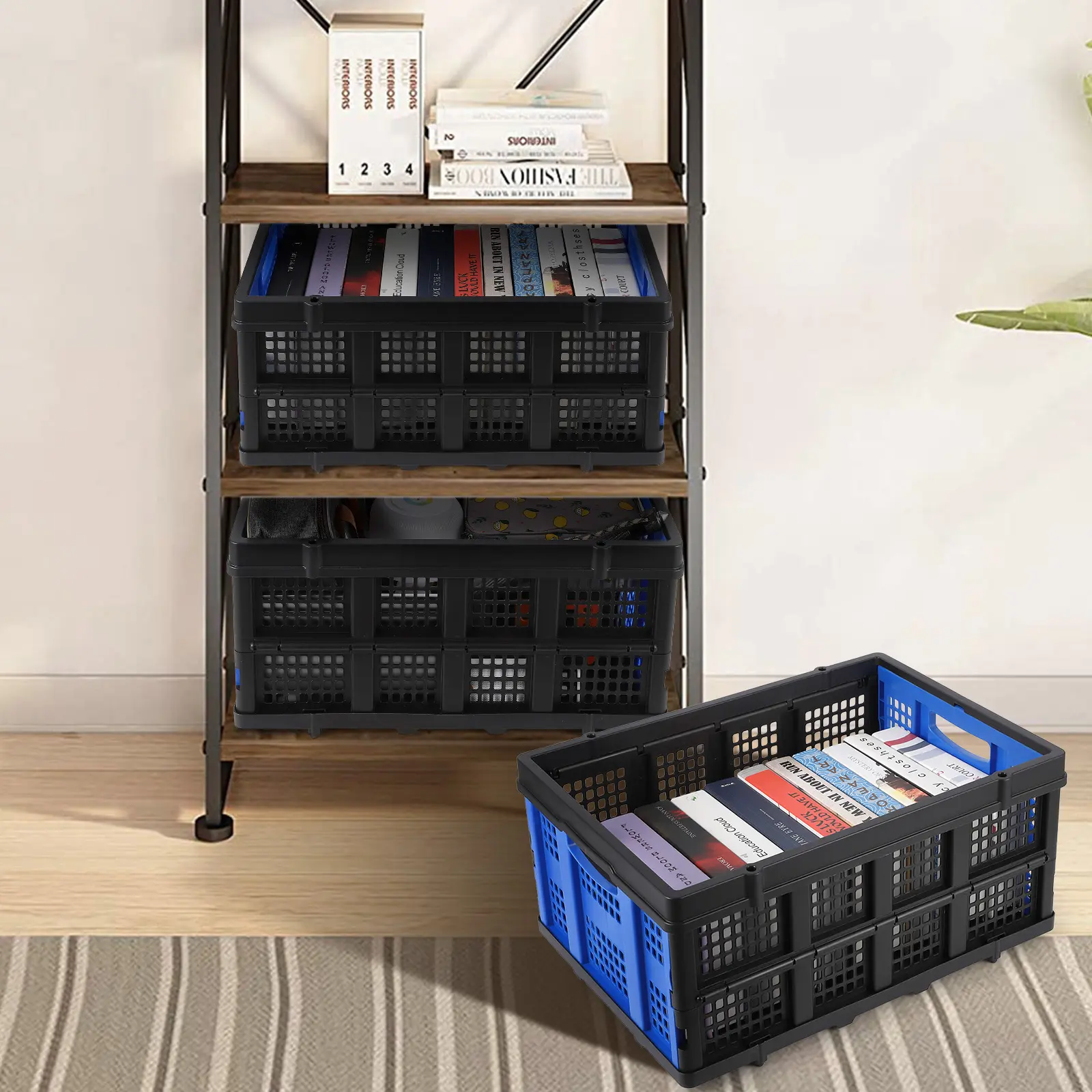 55L Rectangular Thick PP Storage Bin - Heavy-Duty, Smooth Dual-Handles, Snap-Lock Collapsible Plastic Bin, Easy-Clean 3-Layer Stackable Utility Organizer for Home, Garage, Grocery/Car