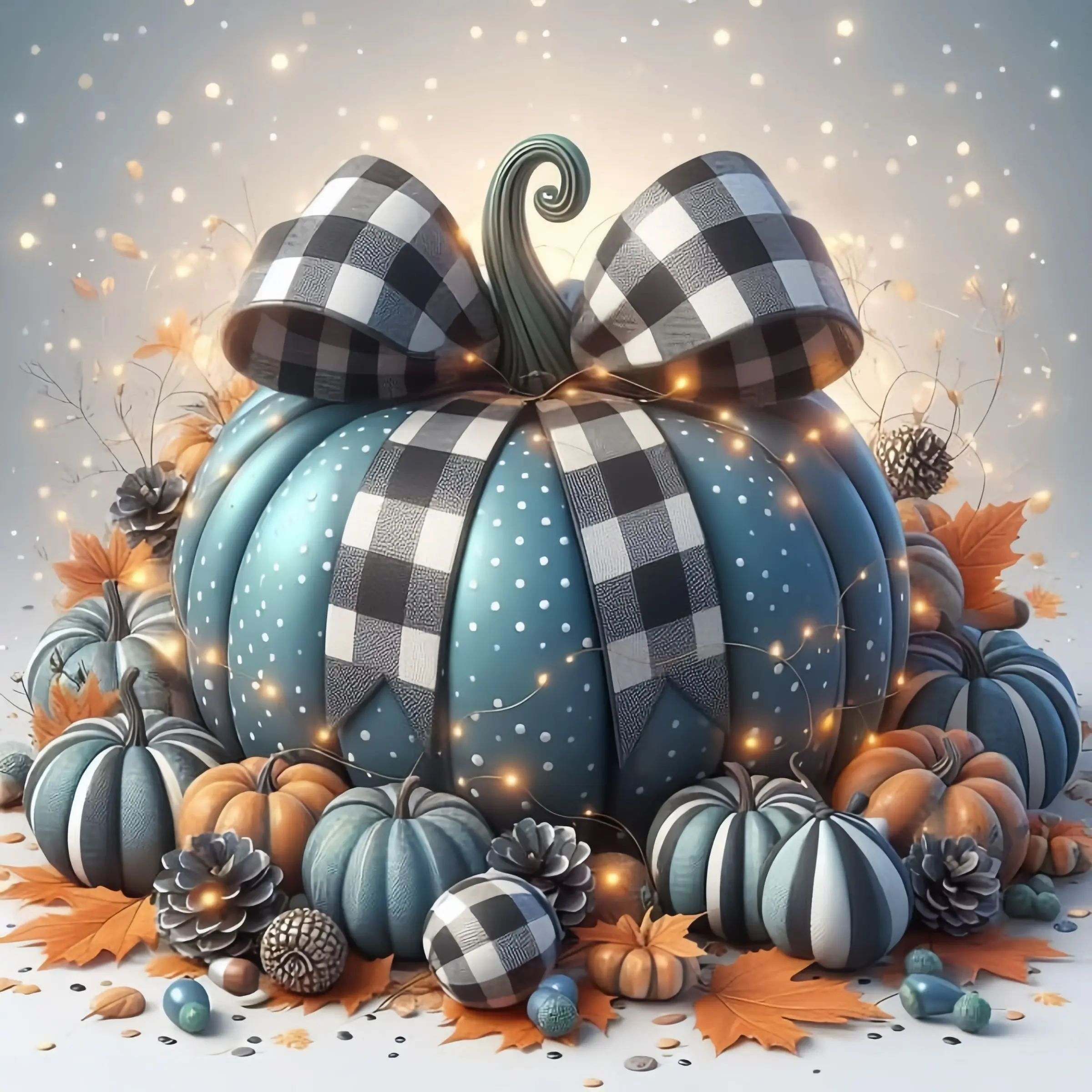 5D DIY Diamond Painting Kits for Adults Beginners, Full Drill Blue Pumpkin Buffalo Plaid Bow Gem Art Sets, Sparkling Fairy Lights Pinecones Maple Leaves Rhinestone Canvas Craft Kits, Thanksgiving Aesthetic Home Living Room Wall Decor Gifts