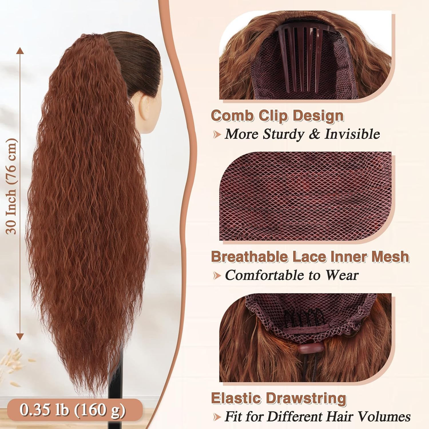 Curly Ponytail Extension Synthetic Dark Auburn Drawstring Hairpiece for Black Wo 30 Inch Auburn Long Curly Drawstring Ponytail Extension  main image 4