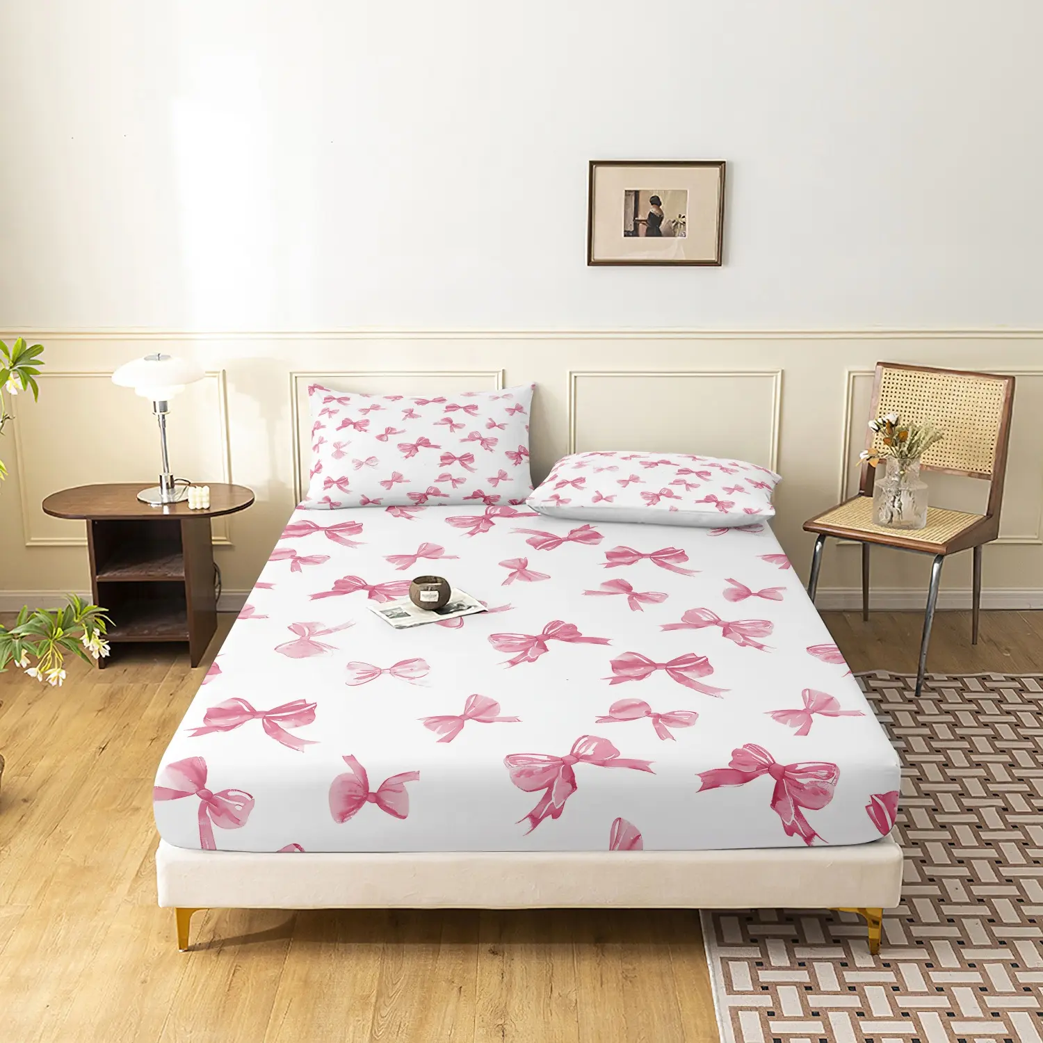 3‑Pieces Pink Coquette Bow Print Fitted Sheet Set, Bow Girly Aesthetic Print Bedding, Bed Sheet Sets, Bedding Sheets, Soft Microfiber Sweet Romantic Bedding Decor (1 Fitted Sheet + 2 Pillowcases, No Pillow)
