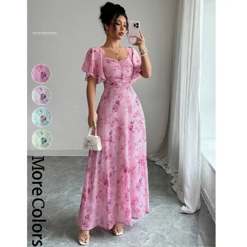 Women's Floral & Butterfly Print Chiffon Dress, Ruched Detail, High-Waisted A-Line Dress with Butterfly Sleeve, French Chic Style Summer Wear, Casual Elegant Dress for Engagement & Dates