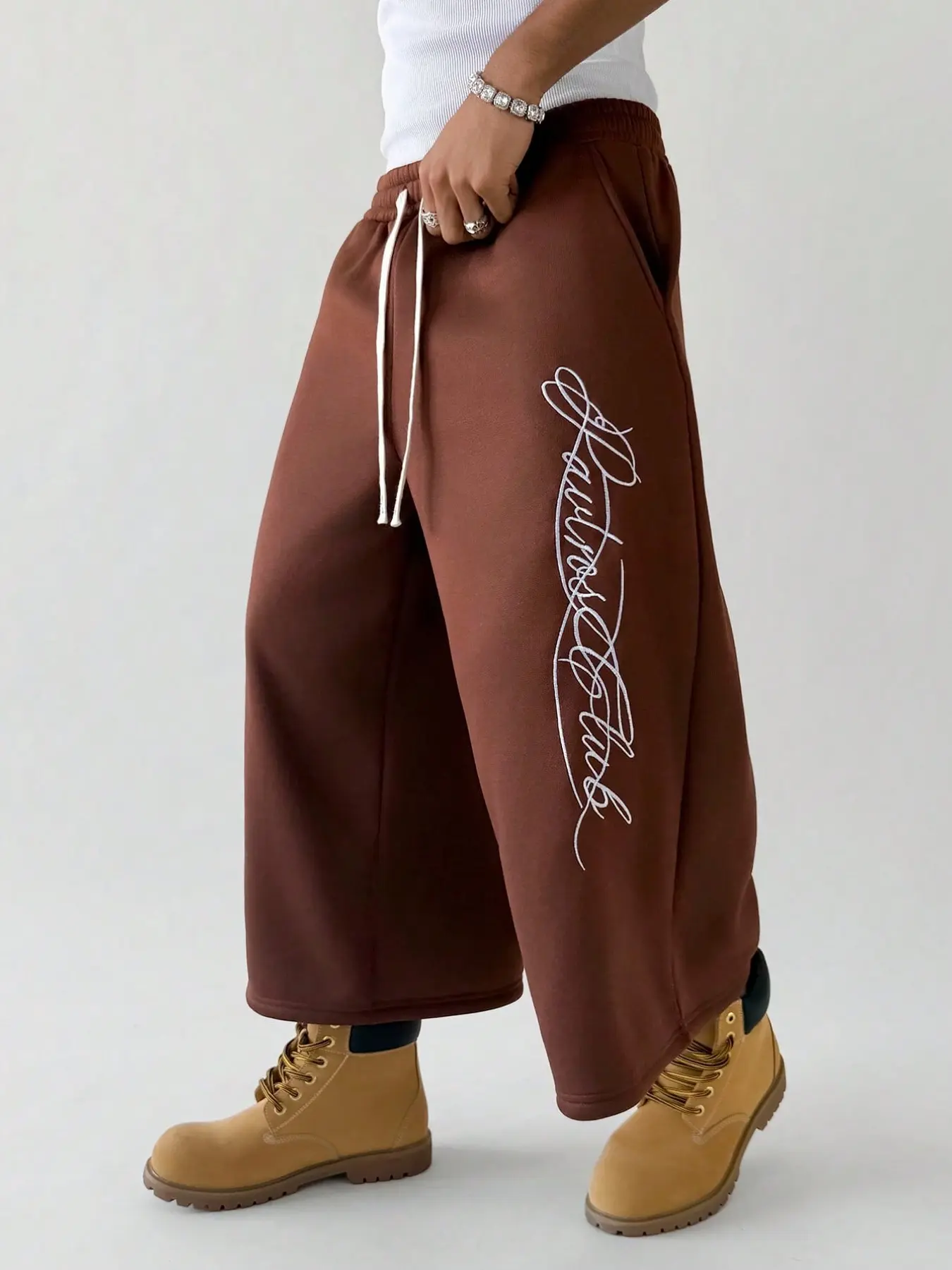 Men's Fall Street Style Casual Seven-Quarter Pants, Elastic Waist Drawstring Wide Leg Jogging Pants, Knitted Sporty Barrel Pants, Knitted Sports Pants