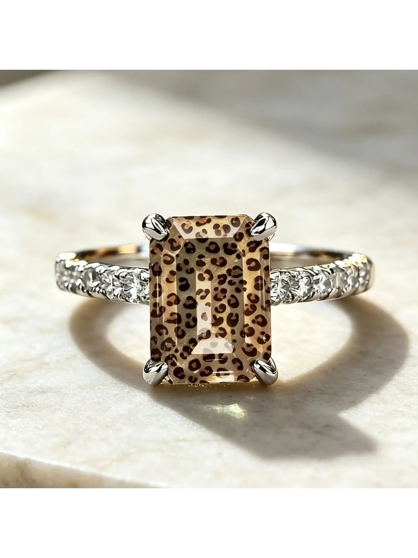 Maillard Light Brown Fine Glitter Leopard Print Rectangular Ring with Luxury and Elegance, Ideal Gift for Girlfriend on Birthdays and Festivals, Internet Celebrity's Same Style Jewelry