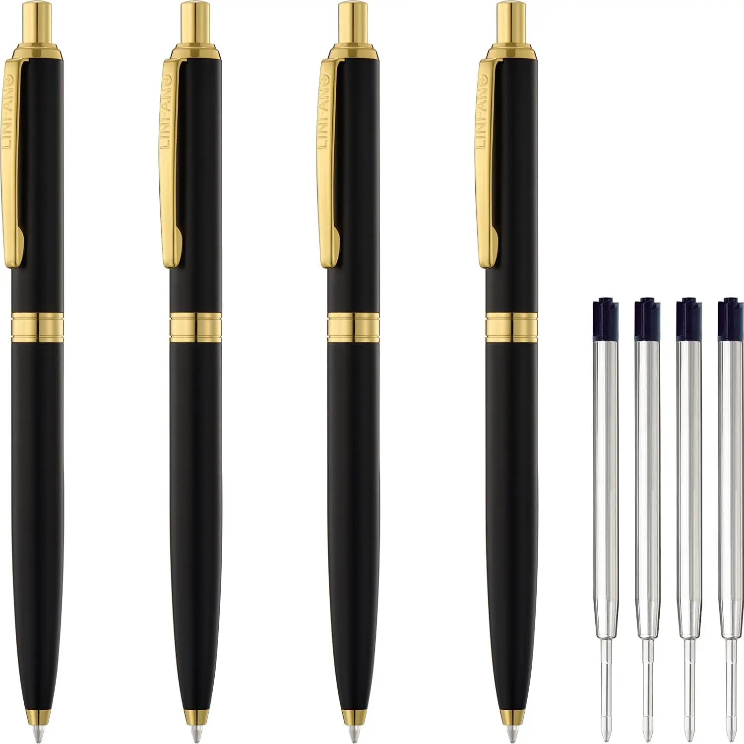 4 Pack Ballpoint Pens,  Retractable Metal Ballpoint Pen, Matte Black with  Trim, Medium Point 1.0mm Black Ink Pen for  School Work Office Supplies, Extra 4 Refills
