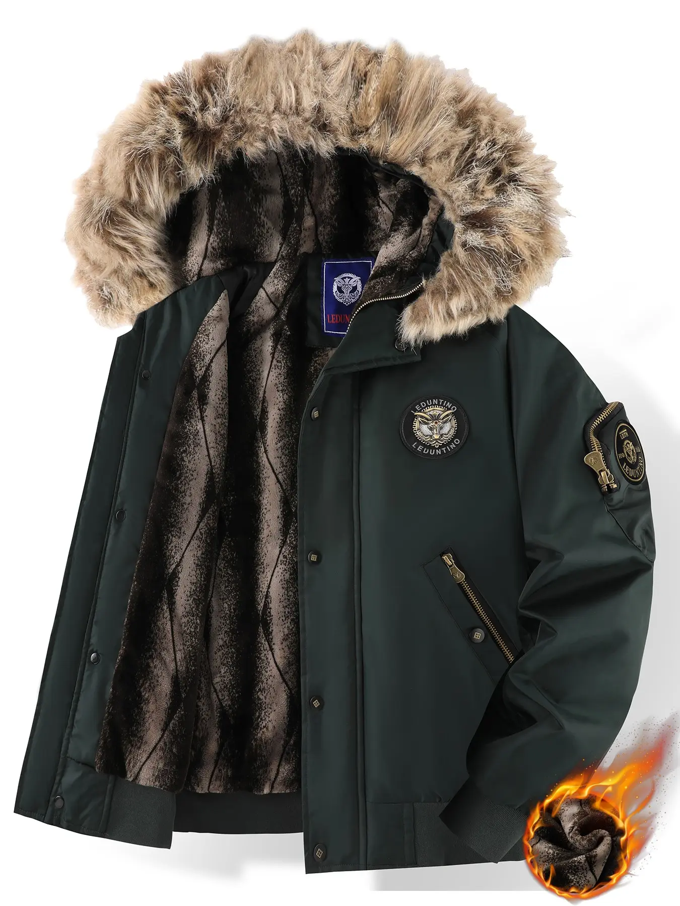 Men's Winter Large Fur Collar Hooded Insulated Jacket, Thick Plush Lining Windproof Warm Workwear Coat, Stylish and Cozy Outerwear for Cold Weather