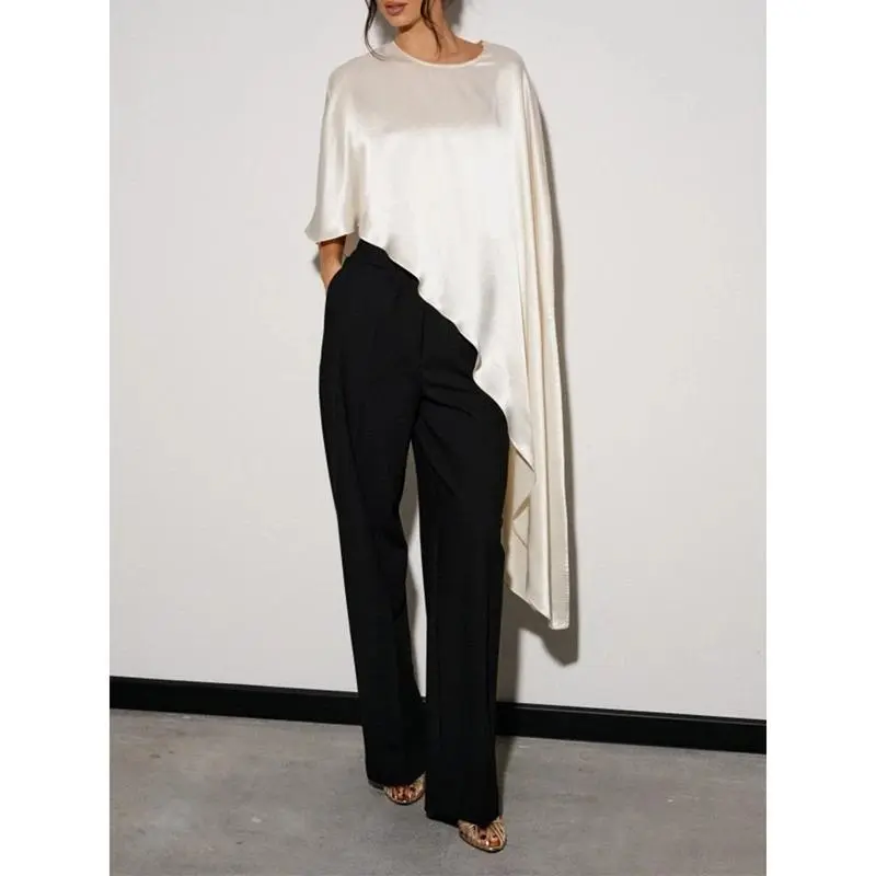 Women Asymmetrical Hem Poncho Shawl Wraps Satin Silky Round Neck Dressy Cape Top Flowy Loose Fit Y2k Cover Up Blouses