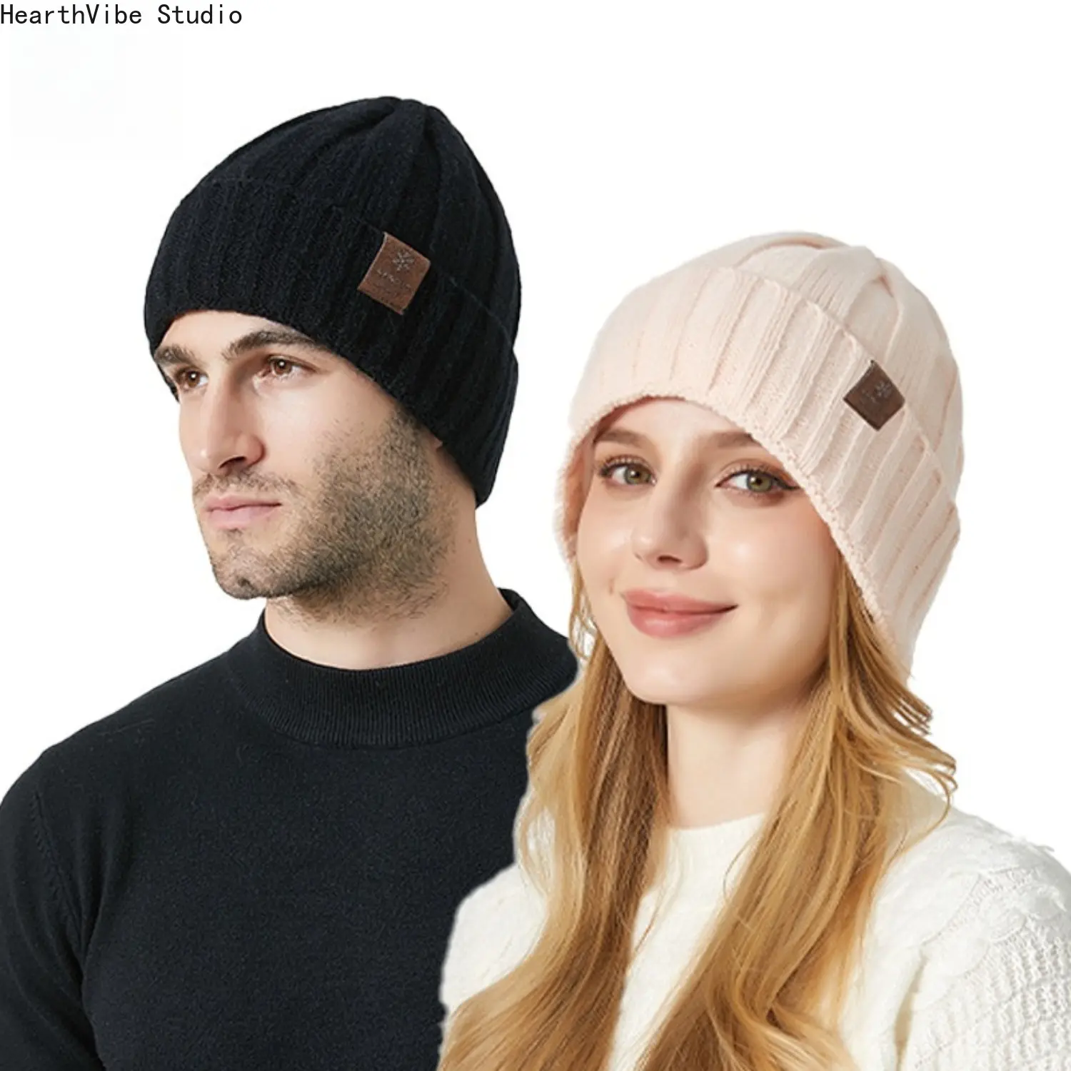 Unisex Cold Weather Ribbed Knit Beanie Hat - Slouchy Skull Cap with Faux Leather Patch, Cuffed Edge, Soft Thermal Headwear for Universal Sport & Outdoor Activities
