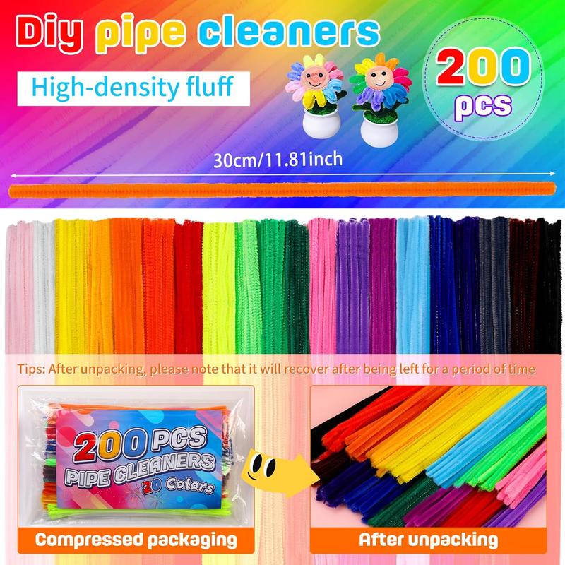 Pipe Cleaners, 200 count Pipe Cleaners Craft Set, Colored Pipe Cleaners for Crafts Chenille Stems with Adhesive Eyes and Storage Box, Christmas Mother's Day Decoration Art Supplies