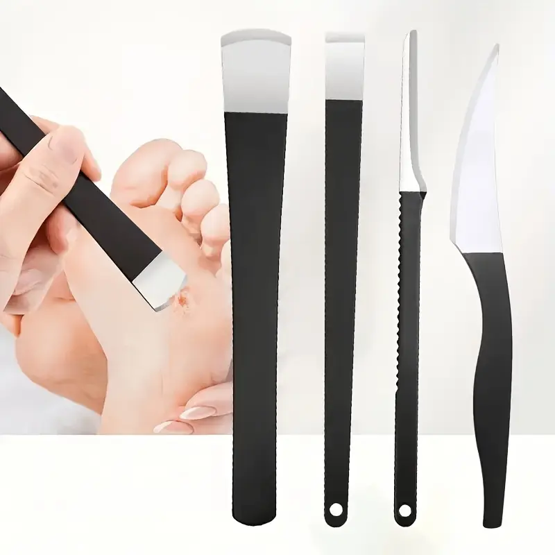 4pcs Pedicure Tool Set, Stainless Steel Foot Scraper with 4 Different Blade Types, for Hard Skin on Soles and Heels, Reusable Home and Salon Use, Foot Rasp File, Callus Remover, Storage Box, Exfoliation, Cracked Heel, Nail Buffer, Beauty Routine
