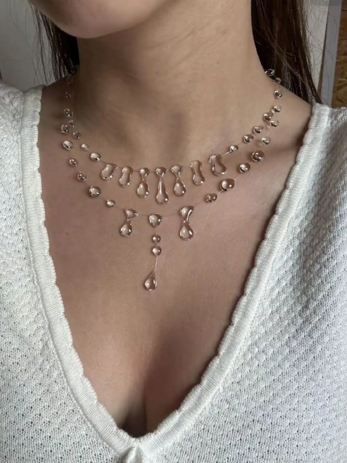 Glass Water Drop Necklace, Multi-Layer Fringe Y-Pendant, Elegant Party Jewelry, Wedding Gift, All-Season Accessory