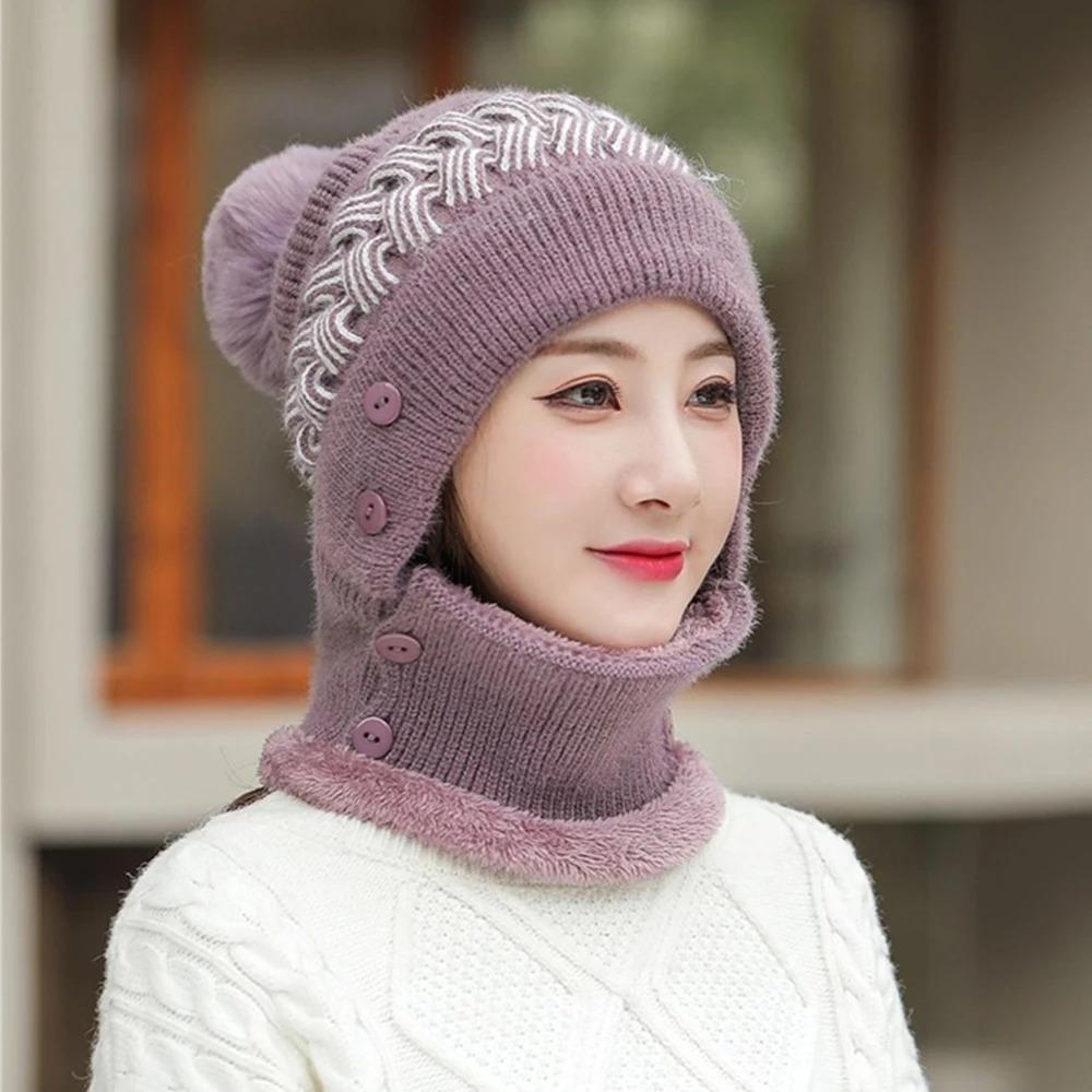 New Style Female Pompoms Winter Hats Plush Fur Lined Keep Warm Winter Hat Women Windproof Coldproof Thicken Balaclava Cap