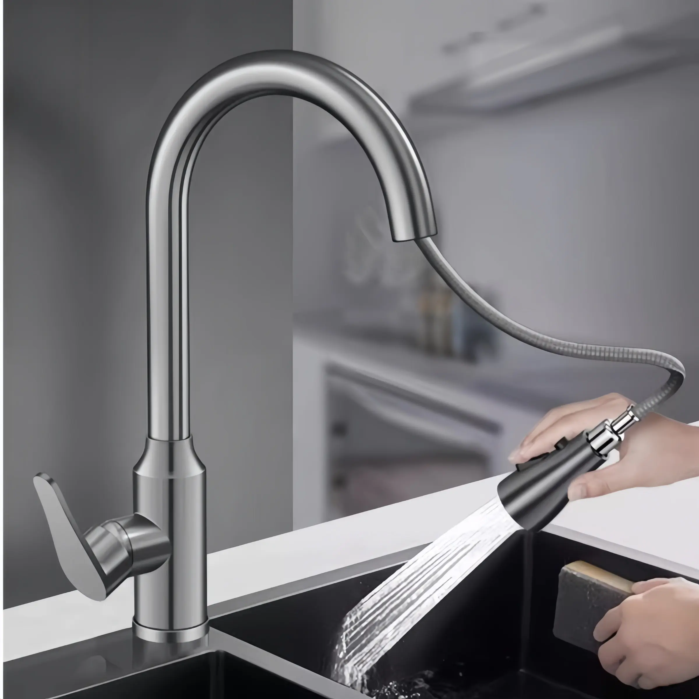 Kitchen Sink Faucet 304 Stainless Steel Pull-Out Design, Countertop Installation, Dual-Flow Spray Head, Hot & Cold Water Mixer