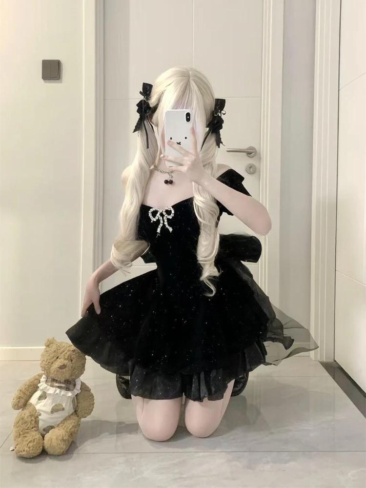 Black French Vintage One Piece Dress Woman Gothic Off Shoulder Bow Retro Mini Dress Female Fairy Birthday Party Chic Outfit 2026 Black French Vintage One Piece Dress Woman Gothic Off Shoulder Bow Retro Mini Dress Female Fairy Birthday Party Chic Outfit 2026