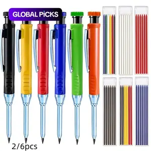 2/6Pcs Solid Carpenter Pencils with 36 Pcs 2.8mm Refills Long Nosed Deep Hole Mechanical Pencil Marker Construction with Built in Sharpener for Woodworking Drafting Architect Tool Mechanical Drawing Pencils #GLOBAL PICKS