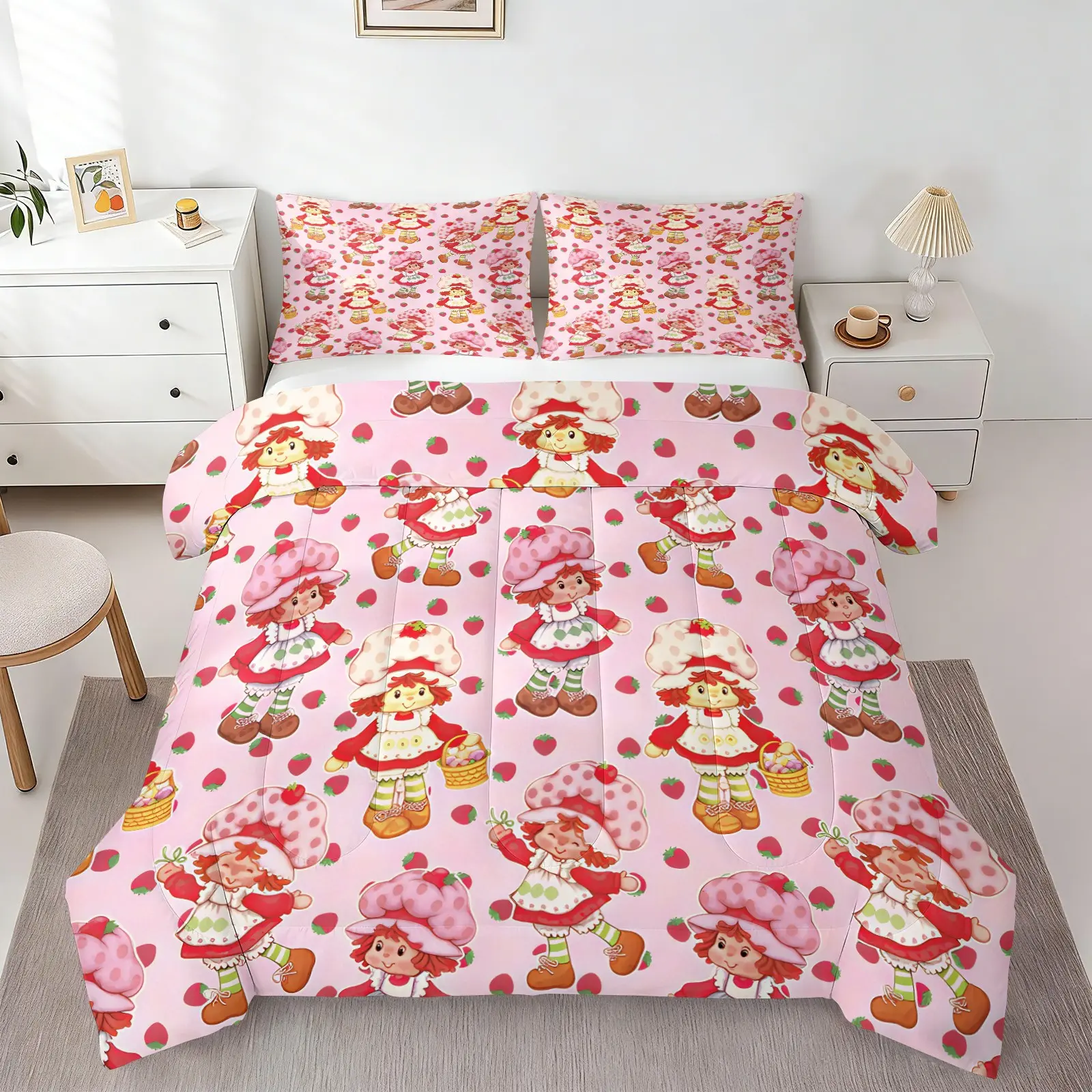 Strawberry Shortcake Comforter Set, 1 Comforter +1‑2 Pillowcases, Soft Cozy Breathable Washable Microfiber Bedding, All‑Season Quilt, Repeated Cartoon Character Strawberry Dot Print, Sweet Pink Girls Bedroom Dorm Decor