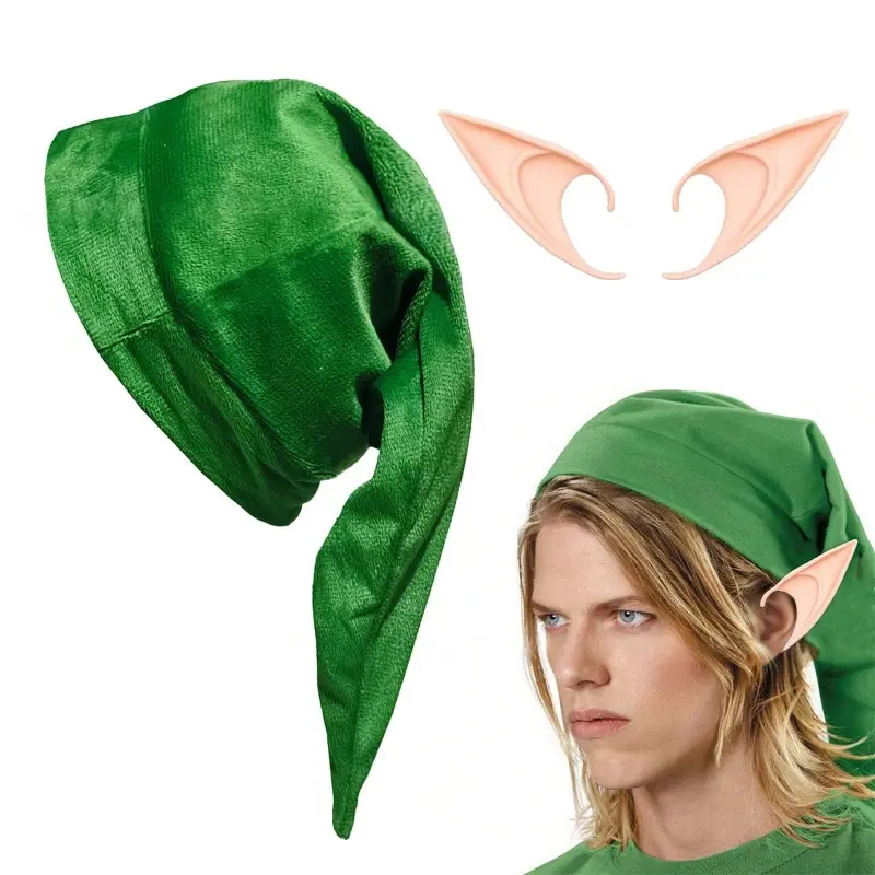 Elf Hat with Gnome Ears, Red and Green Christmas Costume Accessories,Fairy Elf Ears Cosplay Costume Accessories - Soft Artificial Ear Tips for Anime Party, Dress Up, Masquerade, Halloween, Christmas Party - 1 Pair
