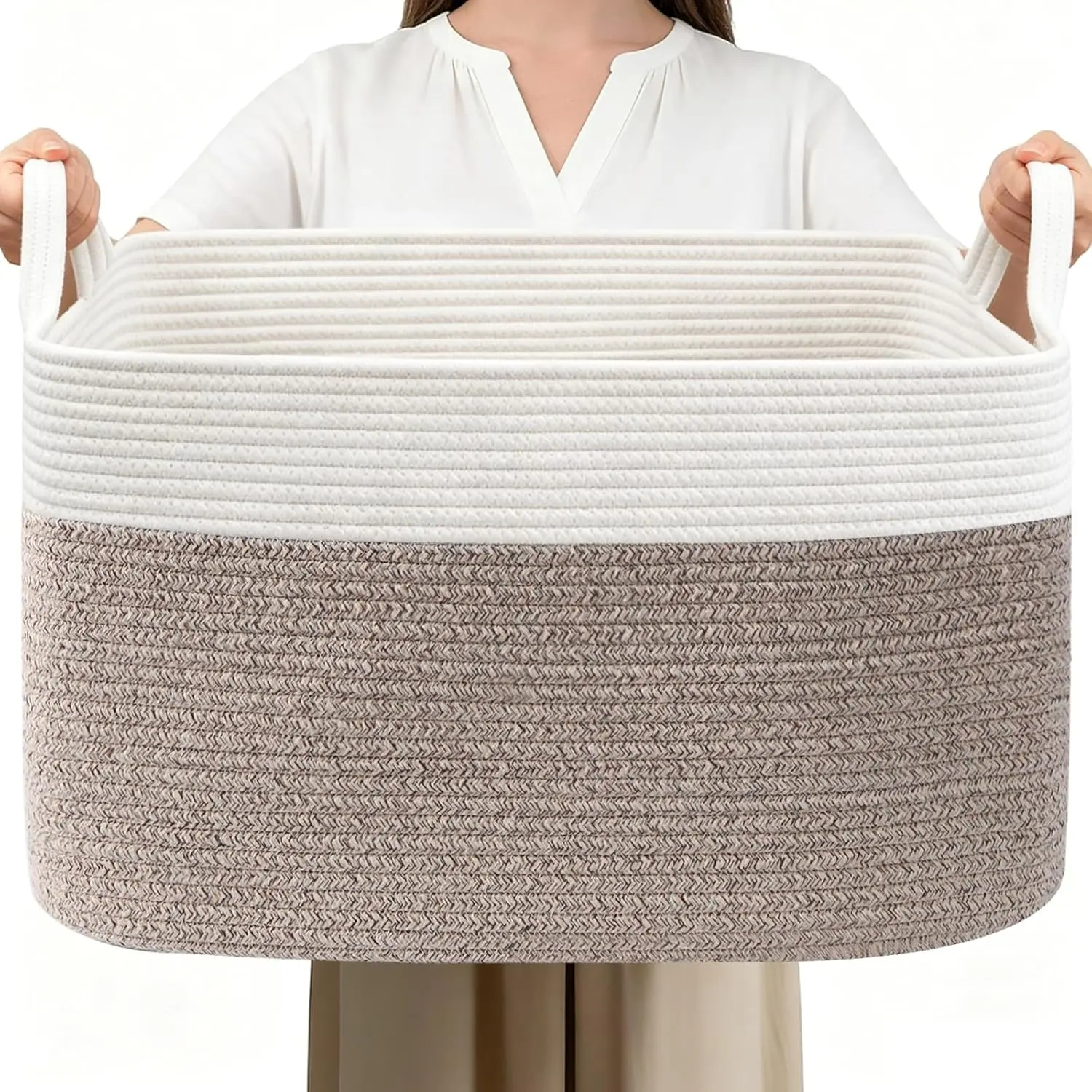 Large Blanket Basket,Woven Rope Basket Storage Bin with Handles,65L Rectangle Laundry Basket for Magazines,Toys,Clothes,Newspaper Shelf Organization,Nursery and Living Room,White & Brown