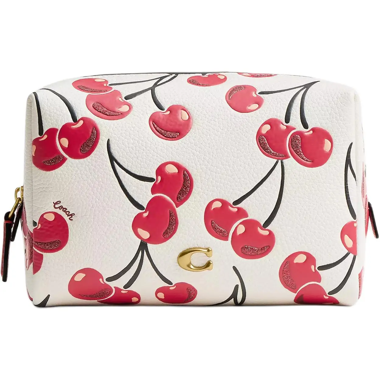 COACH Essential 17 Travel Tote Bag for Women – Polished Pebbled Leather with Brass Logo and Cherry Print, White and Red