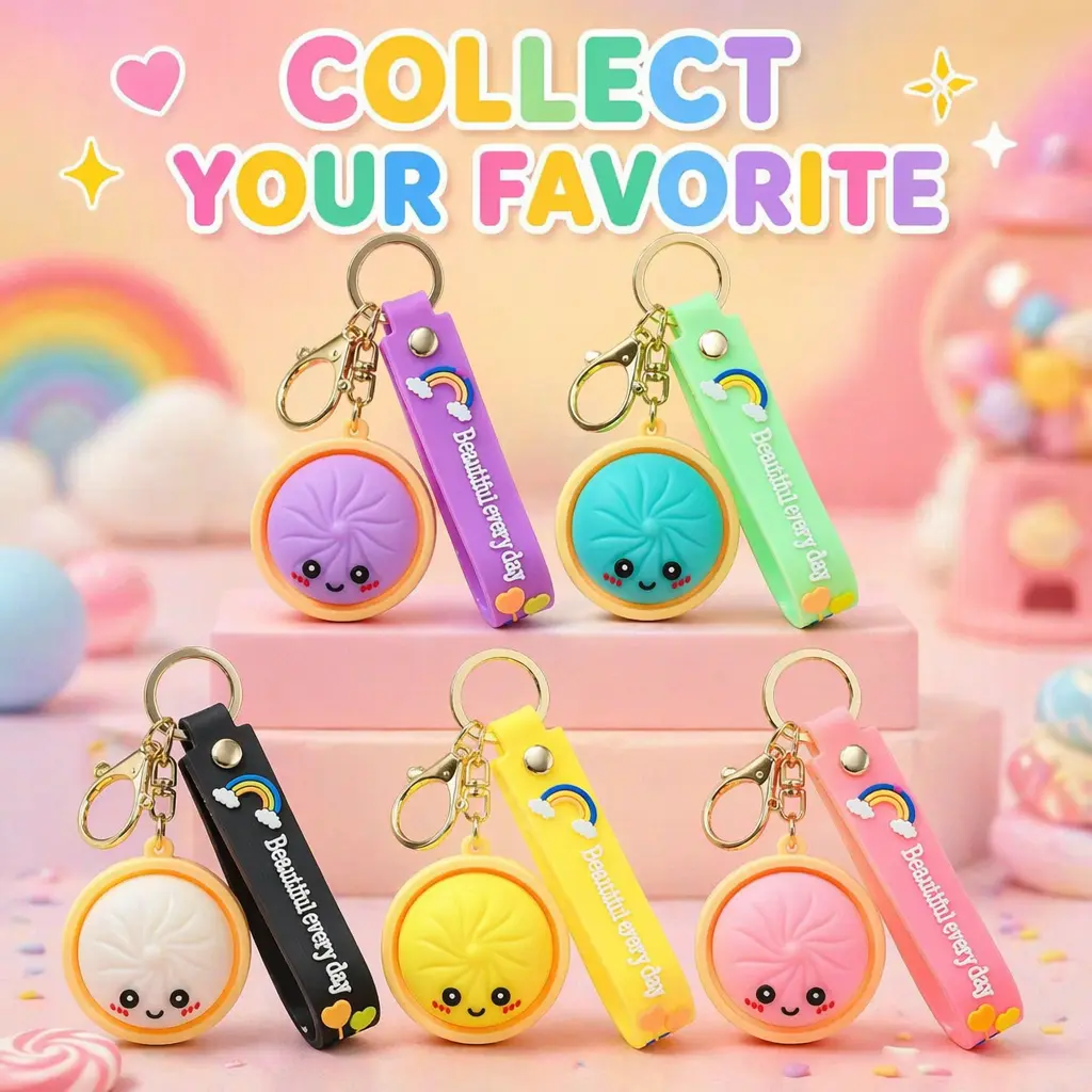 Cute Baozi Keychain with Wrist Strap | Soft Silicone Smiley Face Bag Charm | Rainbow Strap for Backpacks & Gifts