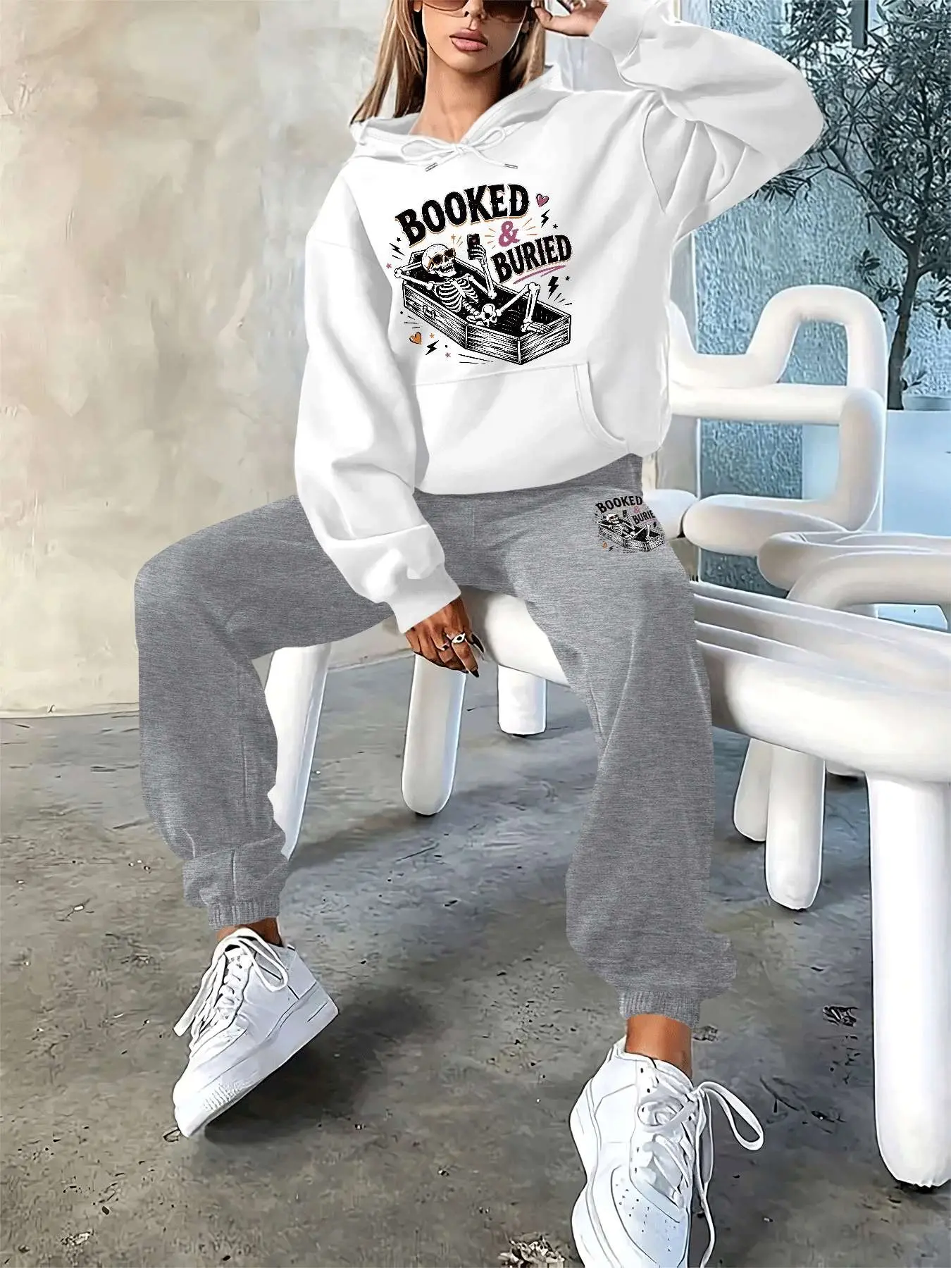 Women's Halloween Skull Print Sweatshirt and Pants Set, Long Sleeve Hoodie, Casual Fashion, Comfortable Daily Wear, Spring & Fall