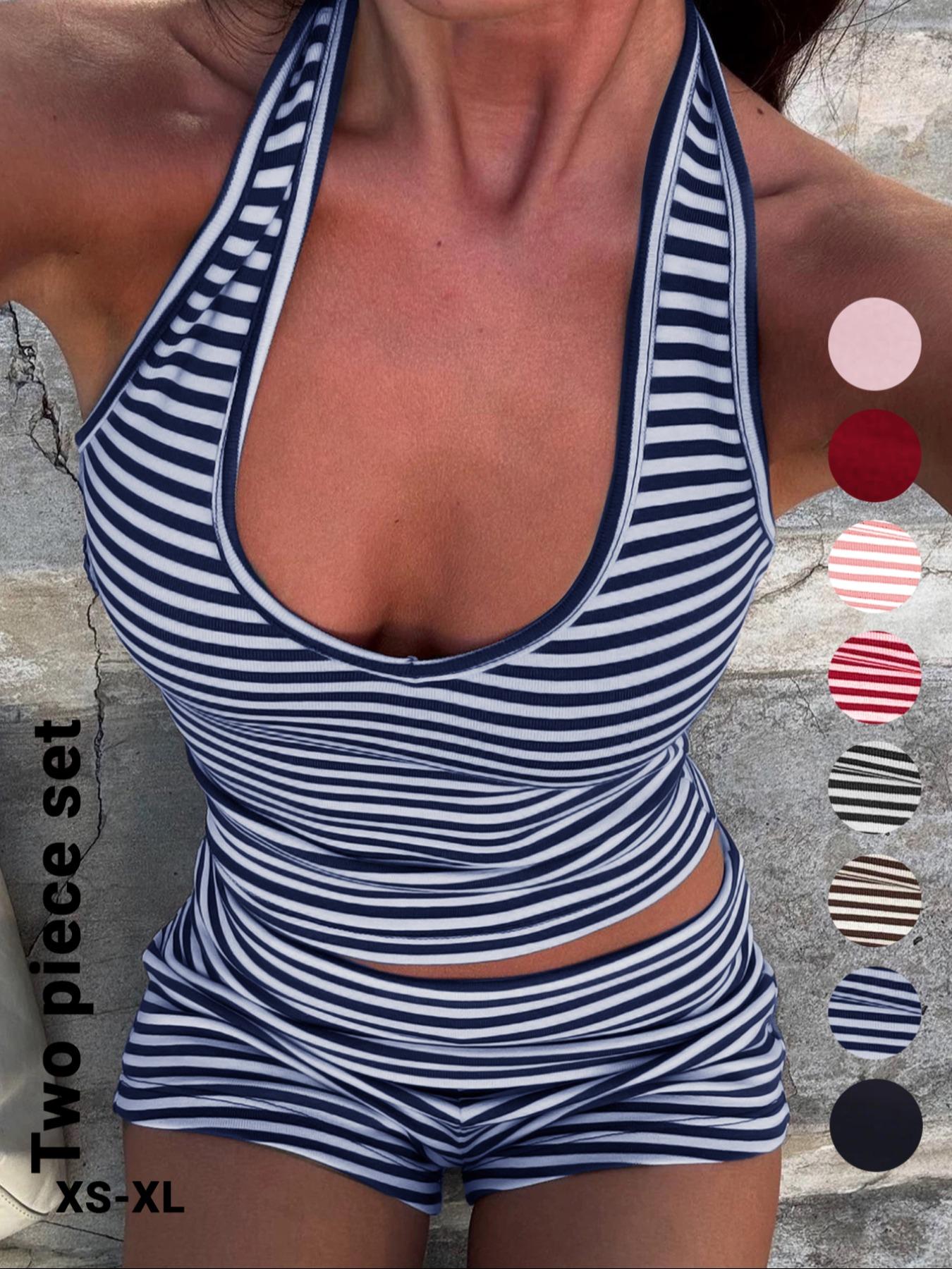 Women's Casual Striped Halter Neck Crop Top & Shorts Set, Summer Fitted Two-Piece, Regular Length, Moderate Fabric Thickness, Womenswear Women's Casual Striped Halter Neck Crop Top & Shorts Set, Summer Fitted Two-Piece, Regular Length, Moderate Fabric Thickness, Womenswear
