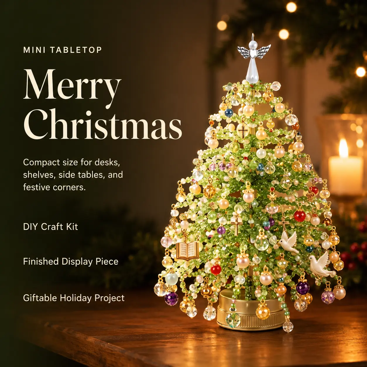 DIY Beaded Christmas Tree Kit, Hand‑Made Mini Crystal Bead Xmas Tree Craft Set, Complete Christmas Decoration Making Supplies with Beads, Angel Tree Topper, Base & Accessories, Tabletop Holiday Ornament, Fun DIY Project,Christmas Gift-YY1