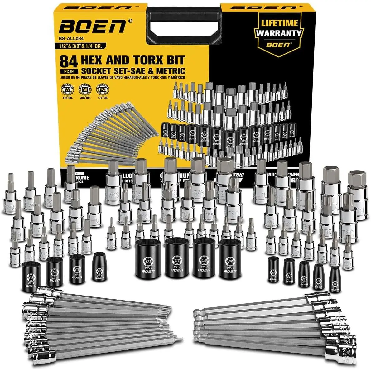 84- Master SAE/Metric Allen and Torx Bit Socket Set | 1/4″, 3/8″, 1/2″ Drive | Includes Ball End Hex & E-Torx Sockets | S2 & CR-V Steel