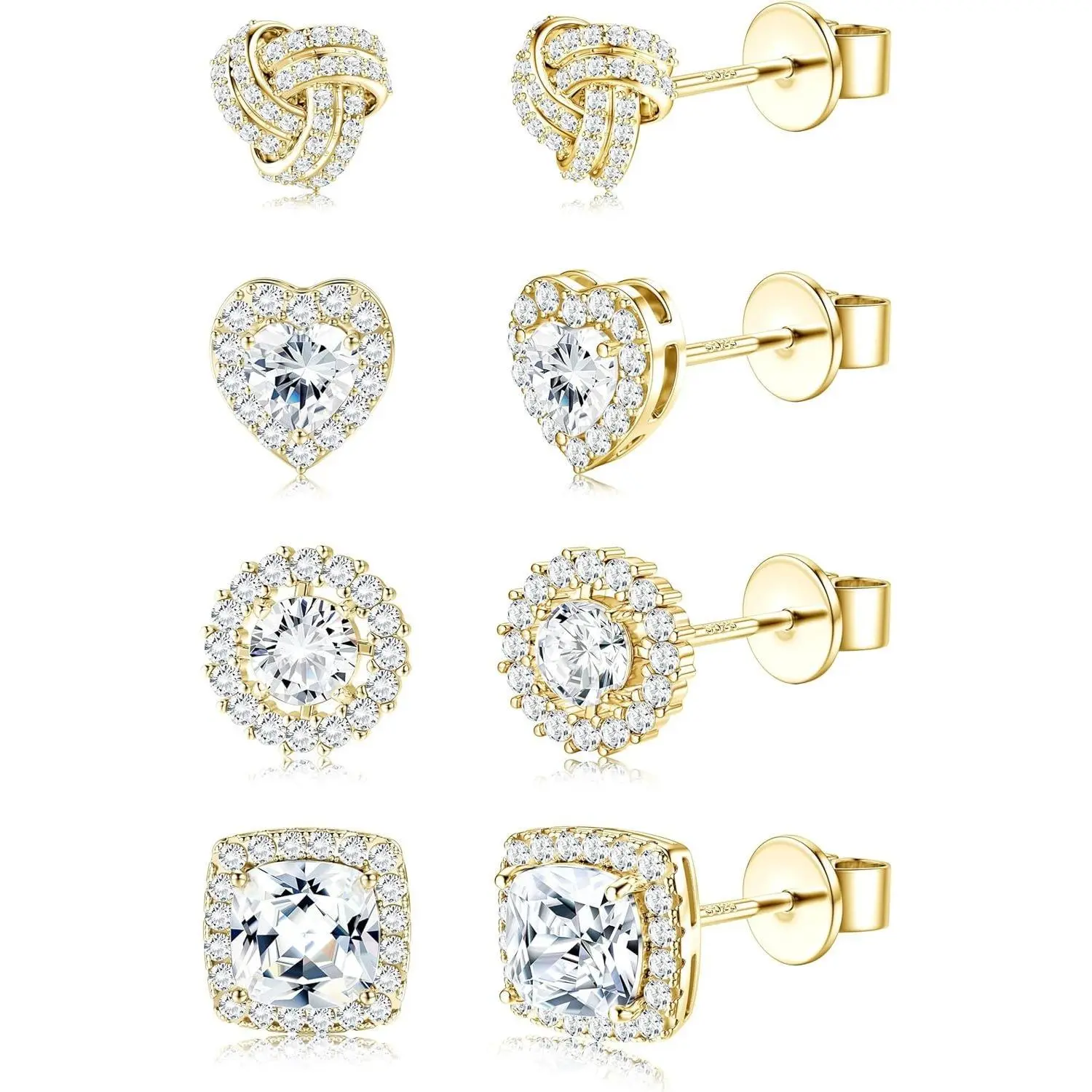 4 Pairs Trendy Sterling Silver CZ Stud Earrings for Women 14K Gold Plated Brilliant Celtic Heart Big Stud Earrings Set Cubic Zirconia Earrings Studs for Sensitive Ear, Heart Shaped Earrings, Artificial Zirconia Earrings, Jewelry For Women