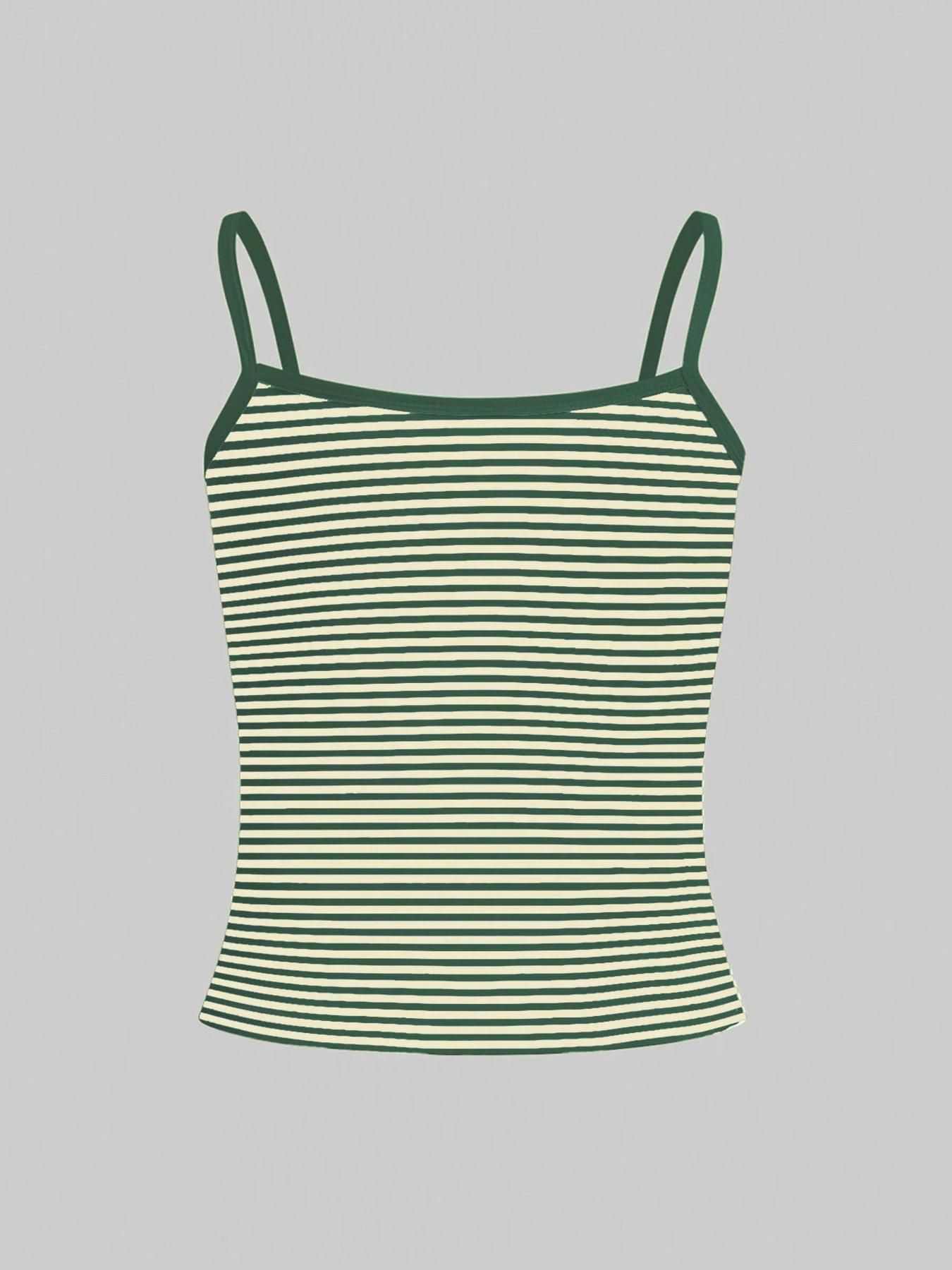 Women's Striped Print Contrast Binding Cami Spaghetti Strap Top, Casual Sleeveless Spaghetti Top for Daily Wear, Ladies Clothes for All Seasons