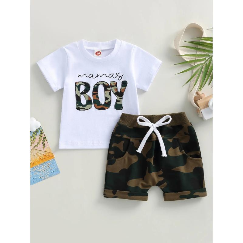 Shorts set for boys aged 0-3 years, short-sleeved letter-printed T-shirt paired with camouflage shorts, summer outdoor clothing