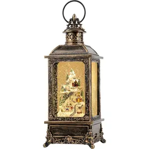 Christmas Snow Globe Lantern Water Glittering Snow Mountain Village with Music & Timer, USB Lined/Battery Operated Lighted Lantern for Christmas Festival Decoration Gifts