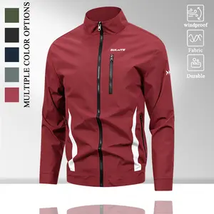 Men's Stand Collar Color Block White Stripe Windproof Jacket, Durable Breathable Lightweight Coat With Multi Zipper Pockets, Casual Daily Commute Outdoor Sports Windbreaker, 6 Solid Colors Available