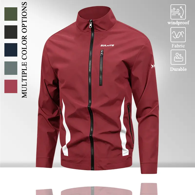 Men's Stand Collar Color Block White Stripe Windproof Jacket, Durable Breathable Lightweight Coat With Multi Zipper Pockets, Casual Daily Commute Outdoor Sports Windbreaker, 6 Solid Colors Available